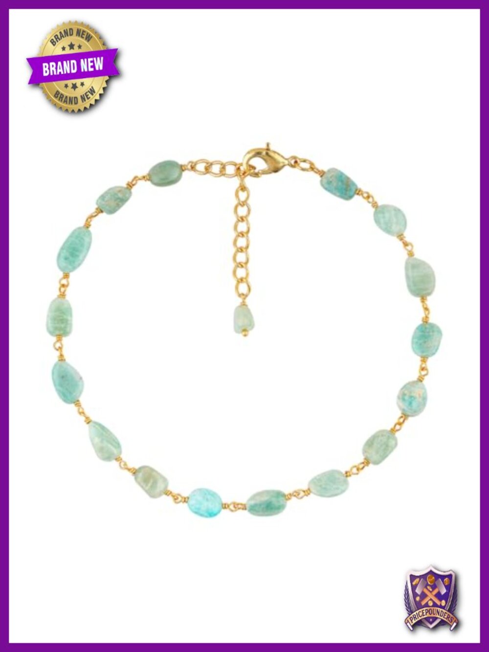 Natural Amazonite Anklet, Gold Plated Brass, Tumbled Rosary Chain, Handmade